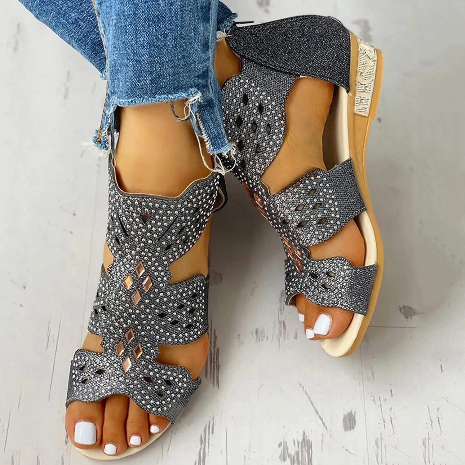 Eduavar Womens Wedge Sandals, Orthopedic Sandals for Women Low Wedge Sandals Cutout Zip Up Crystal Sandals Shoes
