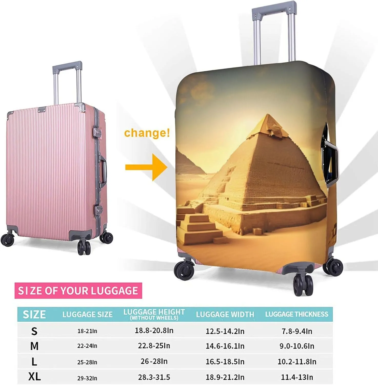 Egyptian Pyramid in Desert Print Practical Elastic Washable Travel Luggage Cover with Concealed Zipper for Suitcases