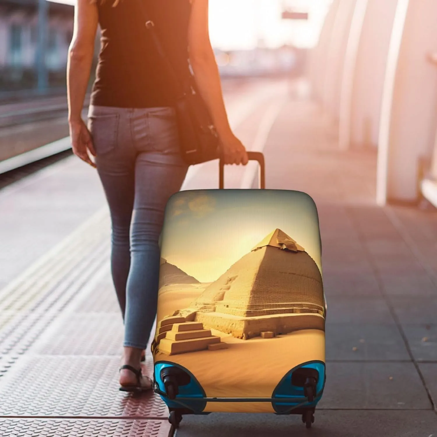 Egyptian Pyramid in Desert Print Practical Elastic Washable Travel Luggage Cover with Concealed Zipper for Suitcases