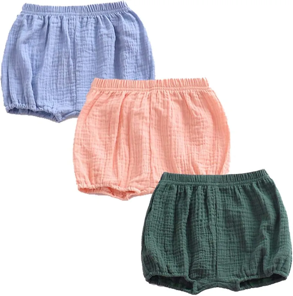 EISHOW 3 Pack Infant Baby Soft Ruffle Shorts Bloomer Kids Boy Girl Solid Cotton Linen Blend Cute Harem Bottom Pants