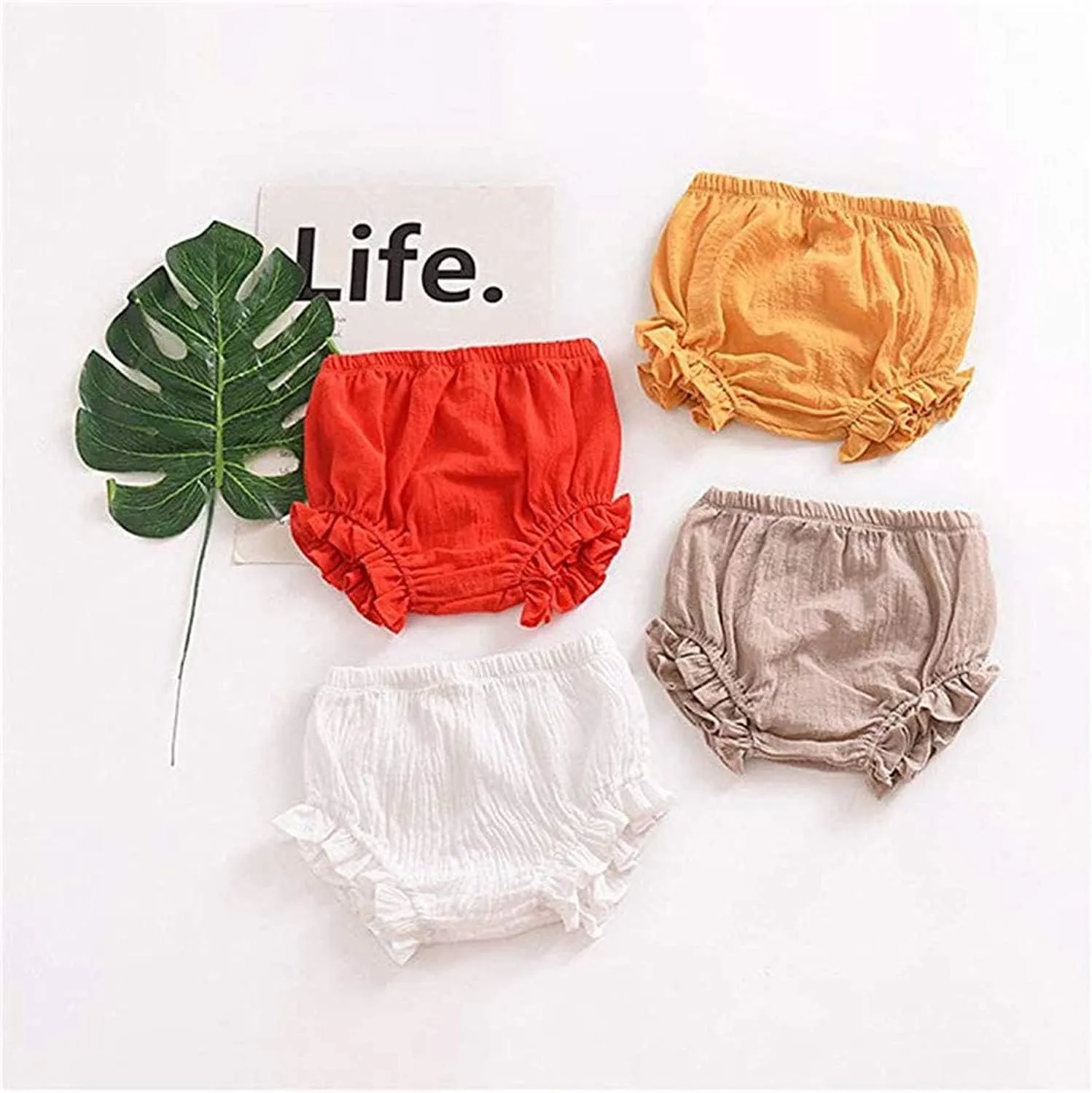 EISHOW 3 Pack Infant Baby Soft Ruffle Shorts Bloomer Kids Boy Girl Solid Cotton Linen Blend Cute Harem Bottom Pants