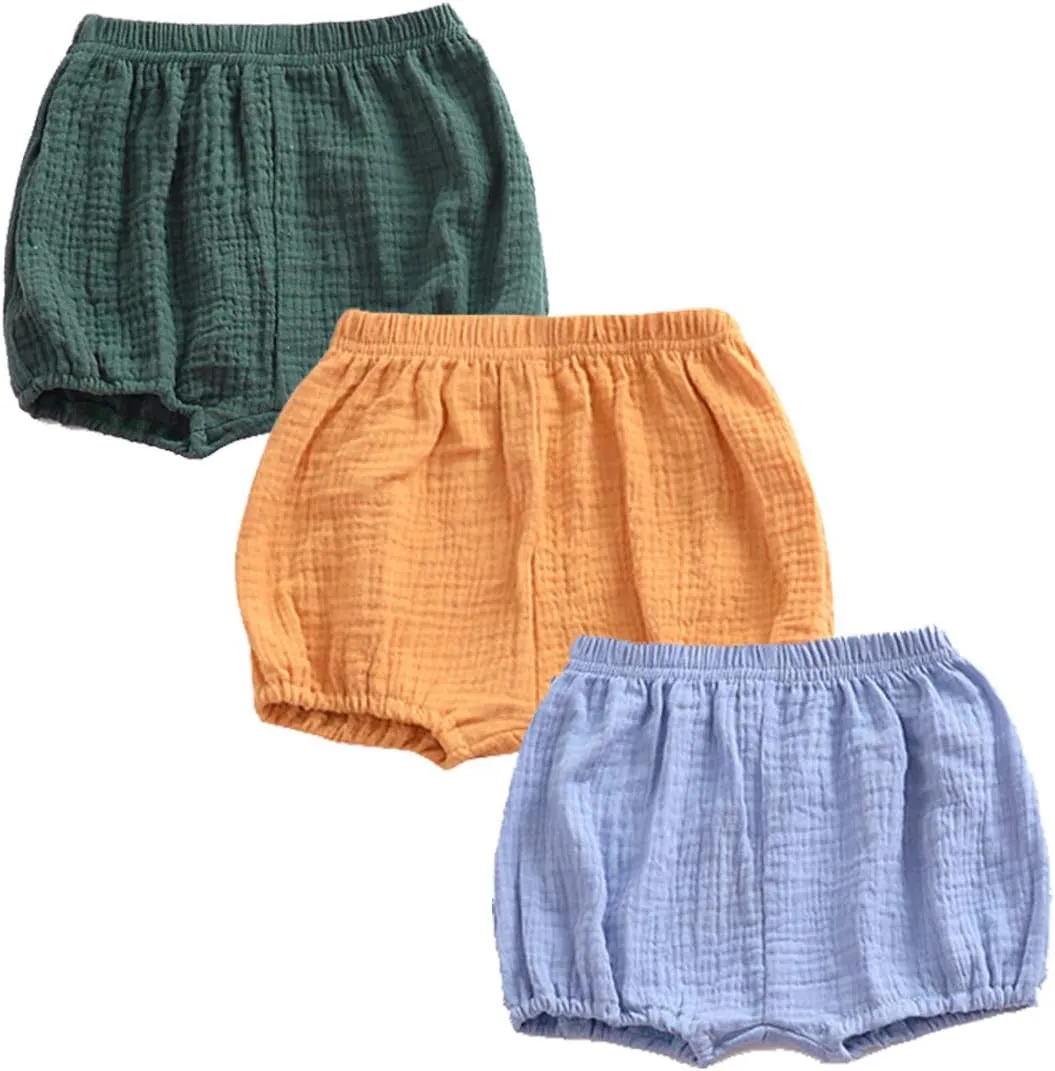 EISHOW 3 Pack Infant Baby Soft Ruffle Shorts Bloomer Kids Boy Girl Solid Cotton Linen Blend Cute Harem Bottom Pants