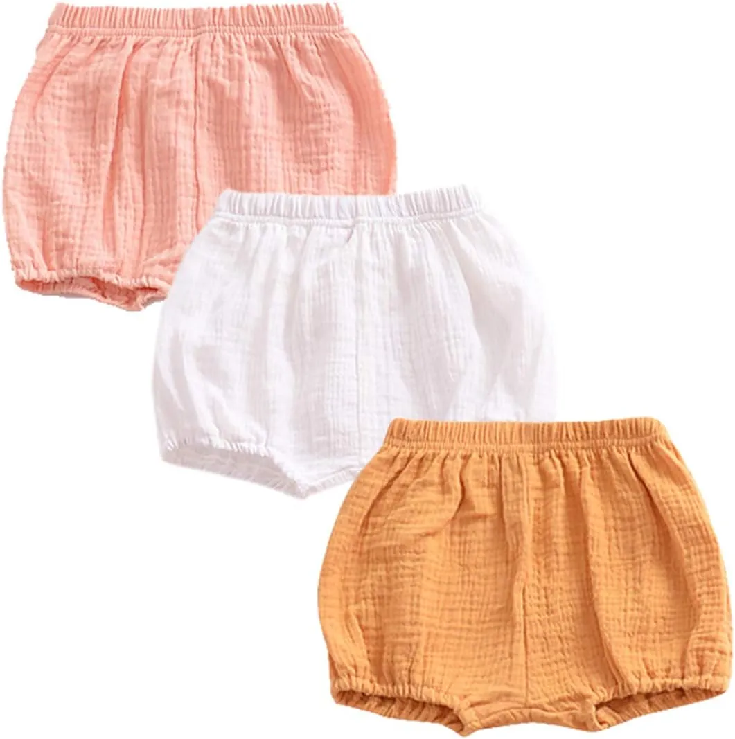 EISHOW 3 Pack Infant Baby Soft Ruffle Shorts Bloomer Kids Boy Girl Solid Cotton Linen Blend Cute Harem Bottom Pants