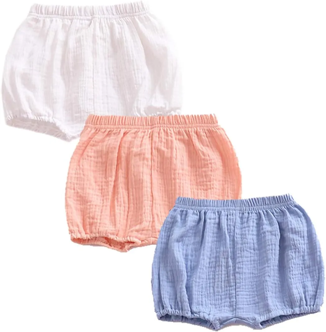 EISHOW 3 Pack Infant Baby Soft Ruffle Shorts Bloomer Kids Boy Girl Solid Cotton Linen Blend Cute Harem Bottom Pants