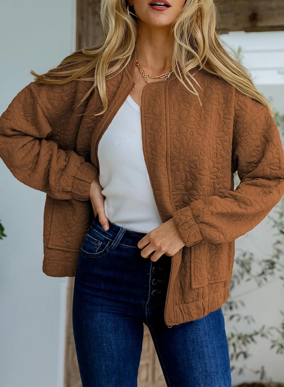 EVALESS Bomber Jackets for Women Spring Fashion 2025 Cute Jacquard Coats Lightweight Zip Up Jackets Dressy Casual