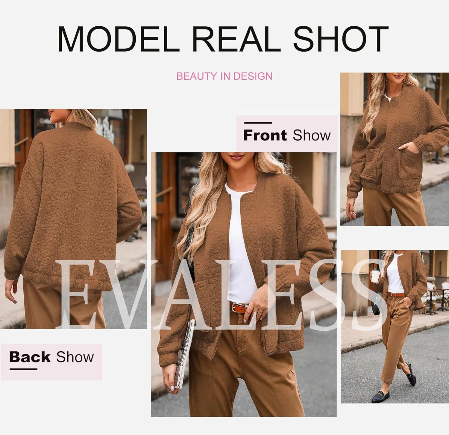 EVALESS Bomber Jackets for Women Spring Fashion 2025 Cute Jacquard Coats Lightweight Zip Up Jackets Dressy Casual
