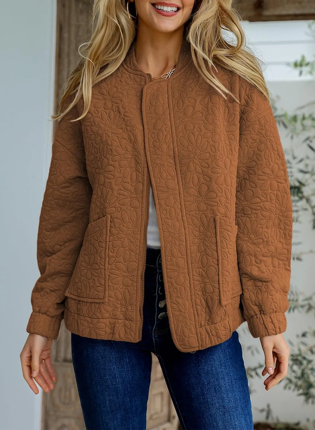 EVALESS Bomber Jackets for Women Spring Fashion 2025 Cute Jacquard Coats Lightweight Zip Up Jackets Dressy Casual