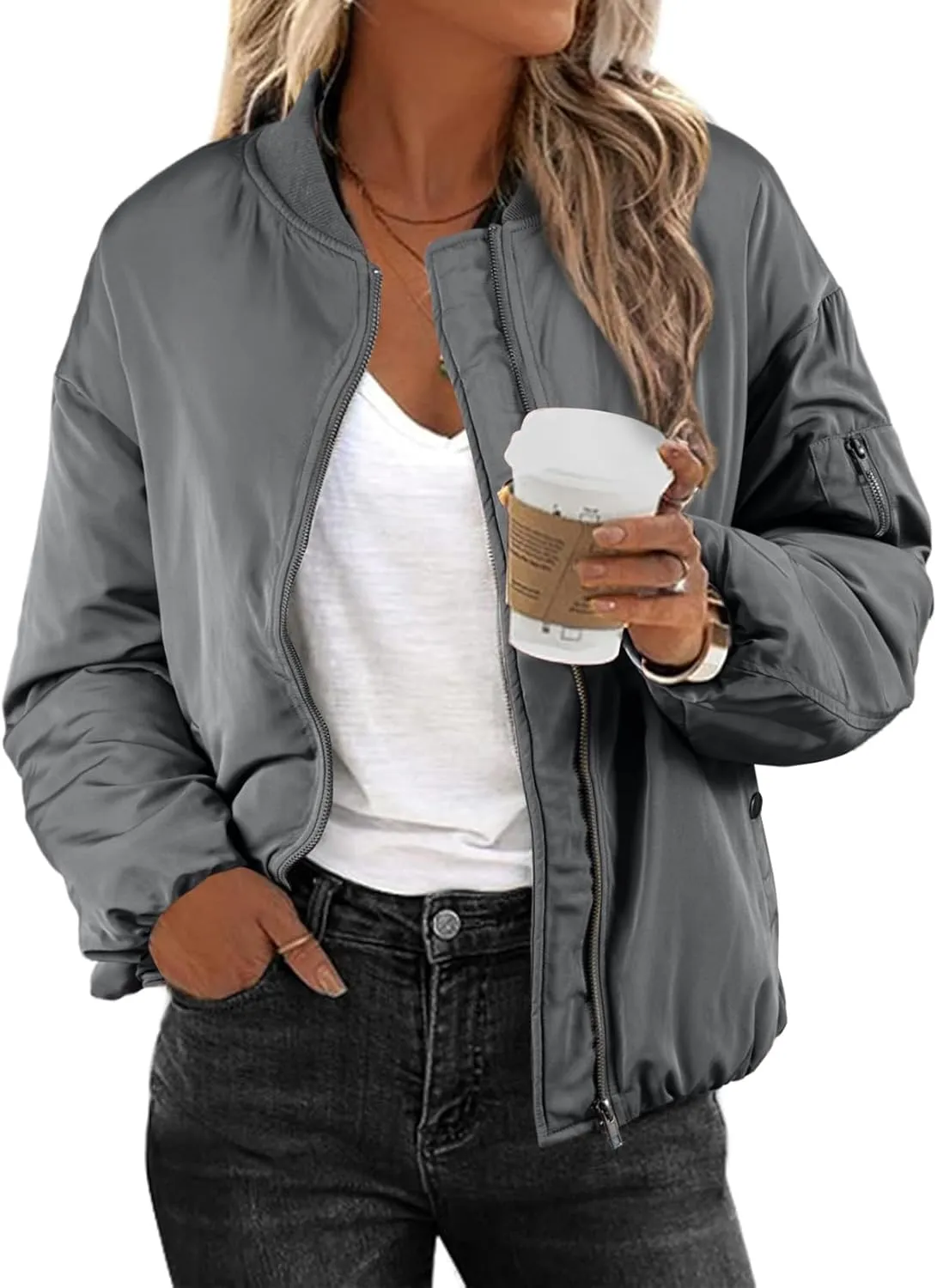 EVALESS Puffer Jackets for Women Zip Up Oversized Bomber Jackets Winter Outfits for Women Dressy Causal