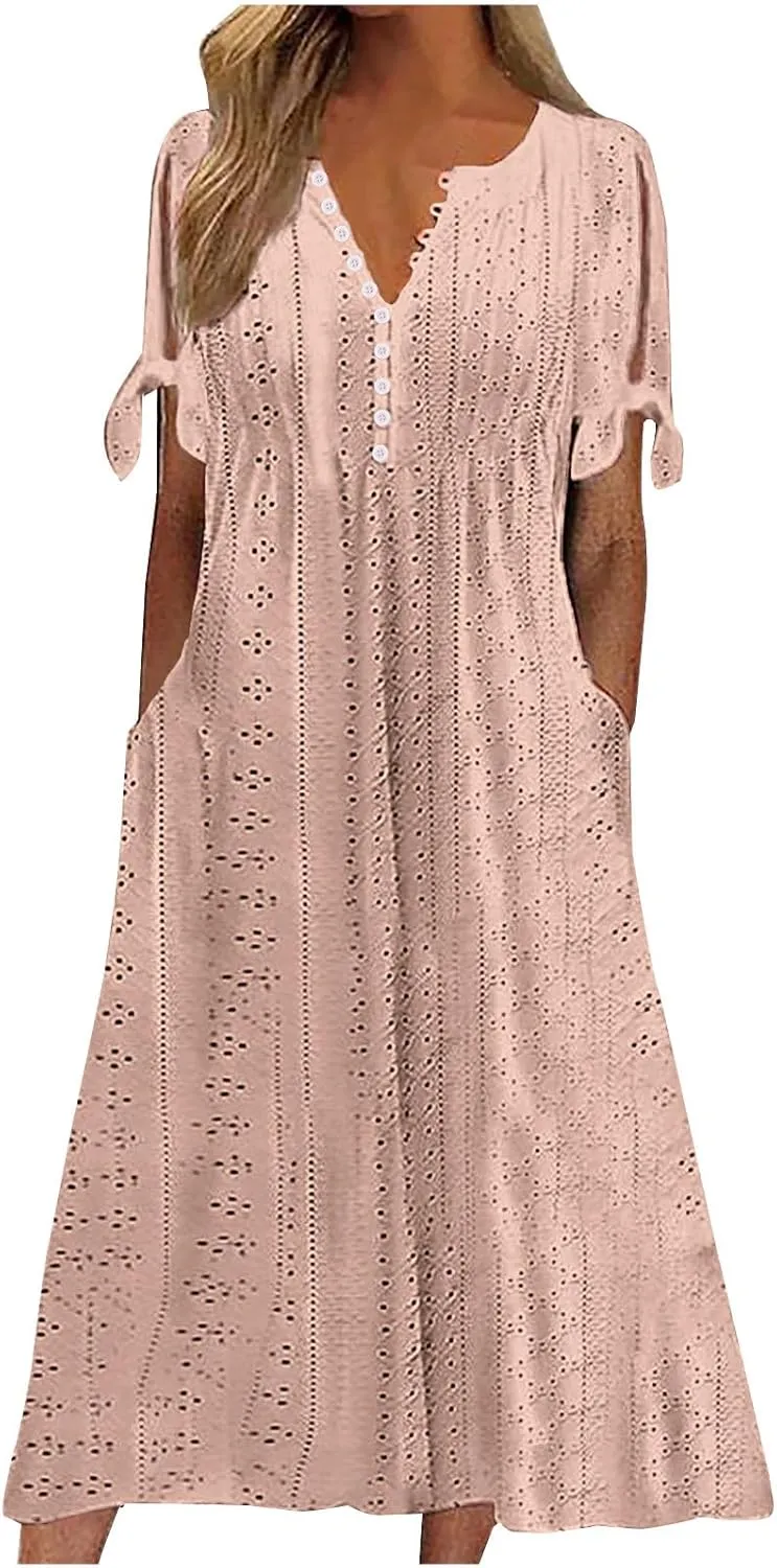 Eyelet Dress for Women Summer Beach Vacation Casual Cutout Short Sleeve Pleated V Neck Button Flowy Tshirt Midi Dresses