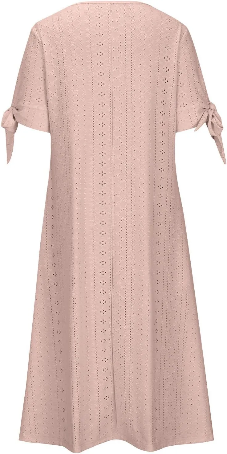 Eyelet Dress for Women Summer Beach Vacation Casual Cutout Short Sleeve Pleated V Neck Button Flowy Tshirt Midi Dresses