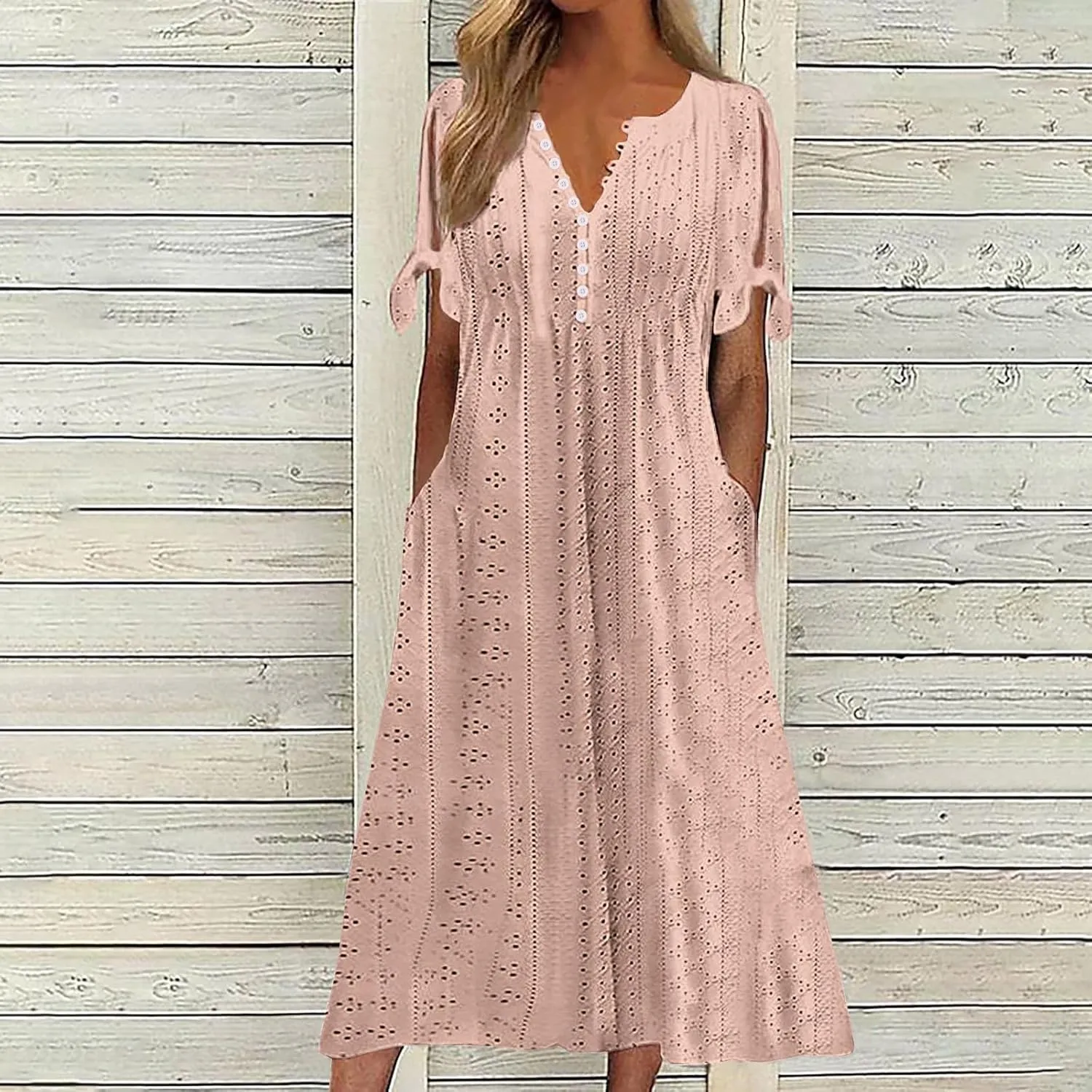 Eyelet Dress for Women Summer Beach Vacation Casual Cutout Short Sleeve Pleated V Neck Button Flowy Tshirt Midi Dresses