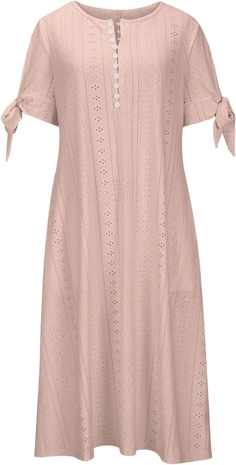 Eyelet Dress for Women Summer Beach Vacation Casual Cutout Short Sleeve Pleated V Neck Button Flowy Tshirt Midi Dresses