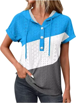 Eyelet Tops for Women 2025 Trendy Summer Hoodies Short Sleeve Button Up Casual Loose Fit Embroidery Shirts Blouses