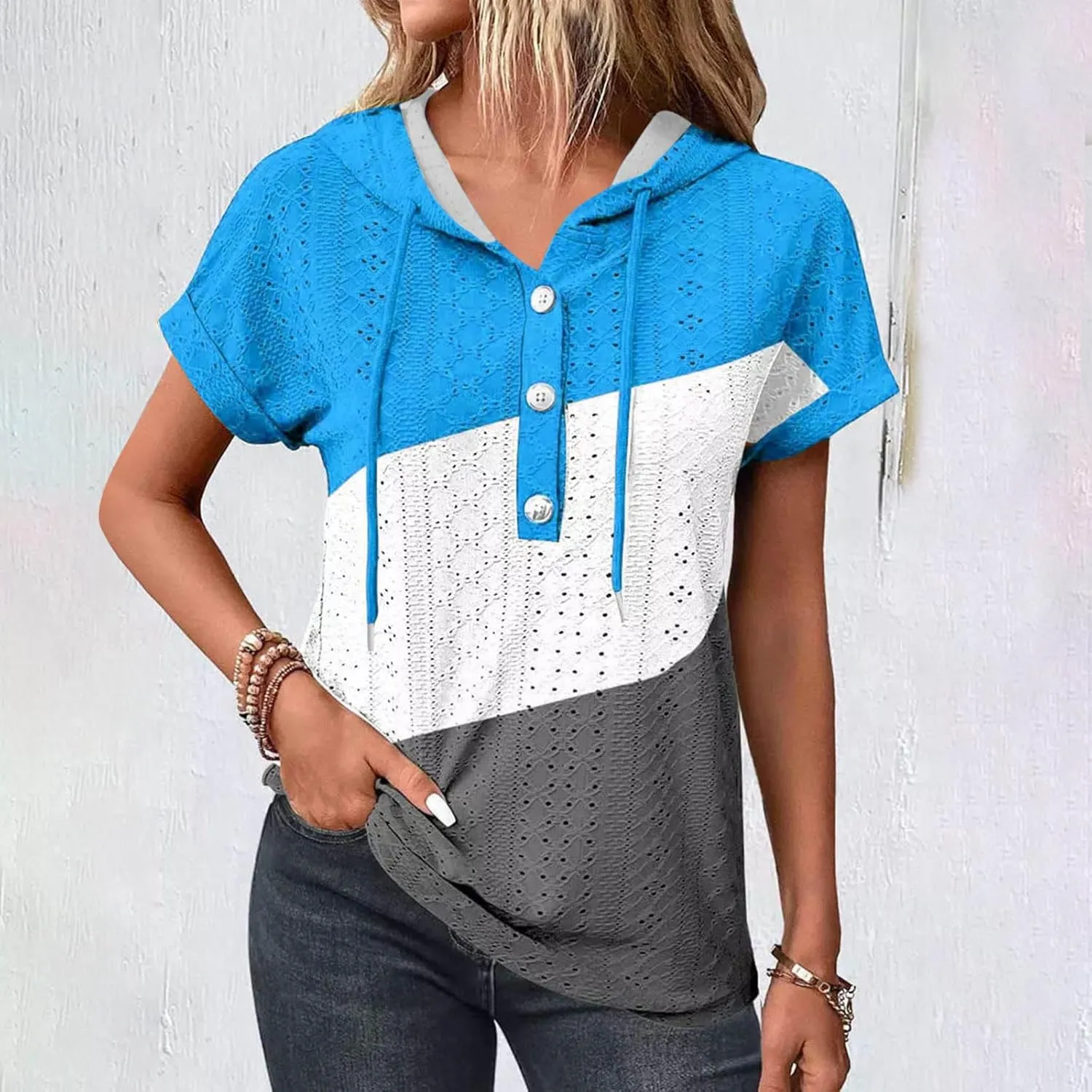 Eyelet Tops for Women 2025 Trendy Summer Hoodies Short Sleeve Button Up Casual Loose Fit Embroidery Shirts Blouses