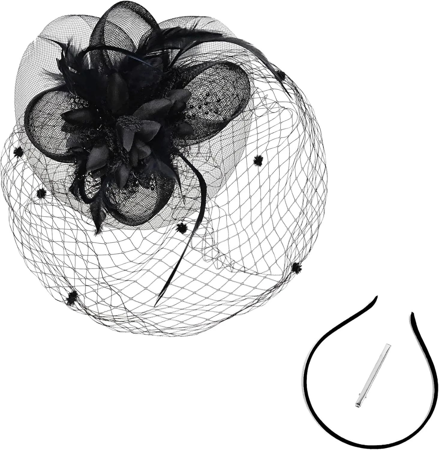 Fascinators for Women Mesh Feathers Hair Clip, Headband Headwear Flower Ribbons Headpiece for Wedding Tea Party
