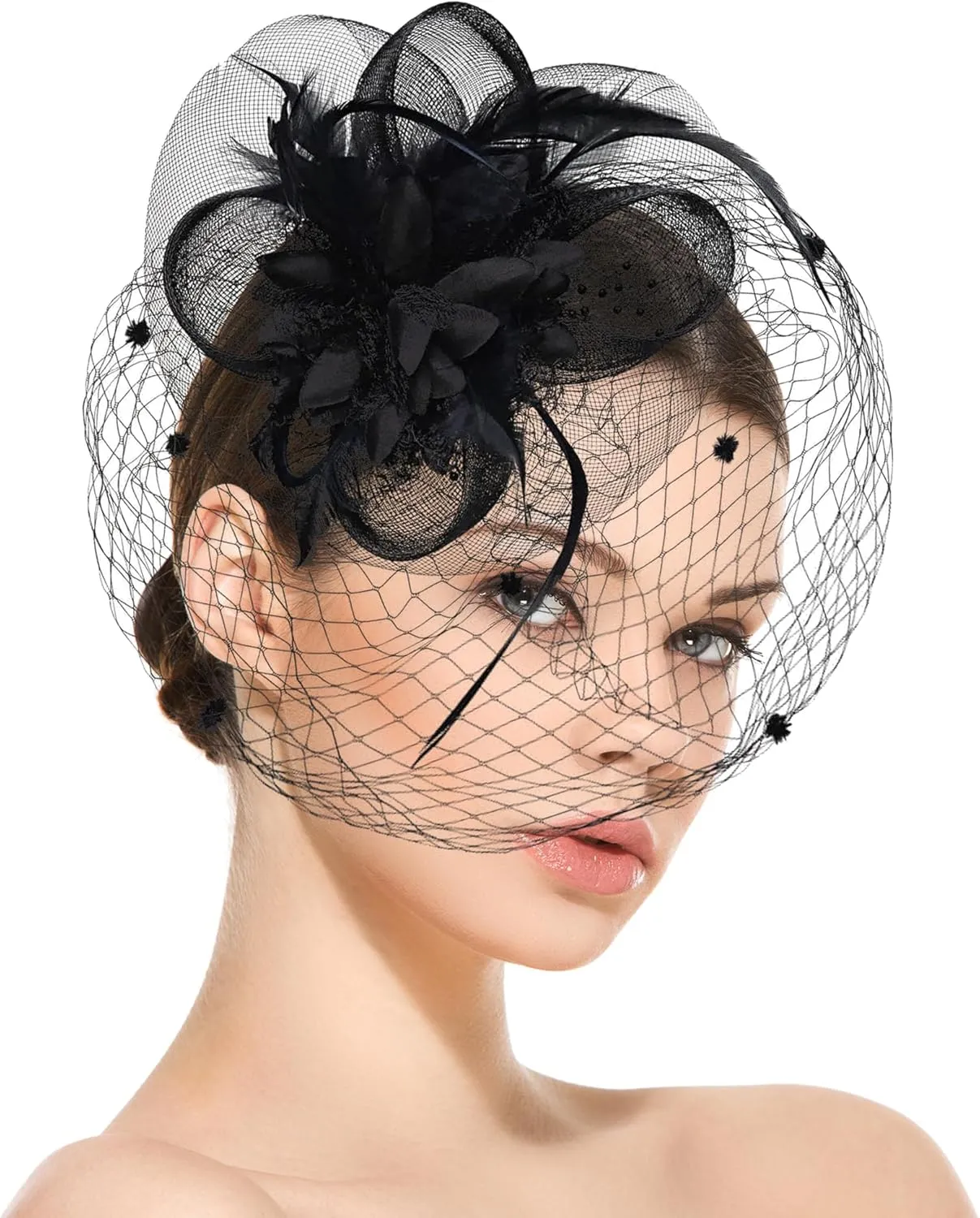 Fascinators for Women Mesh Feathers Hair Clip, Headband Headwear Flower Ribbons Headpiece for Wedding Tea Party