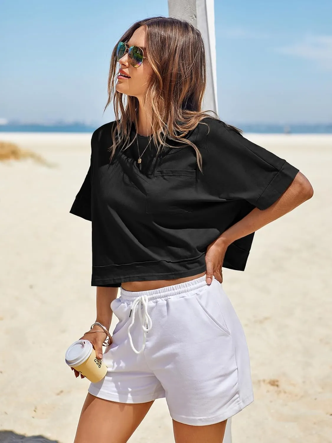 Fisoew Womens Oversized Crop Tops Workout Short Sleeve T Shirts Summer Casual Loose Fit Basic Tee Shirts with Pockets