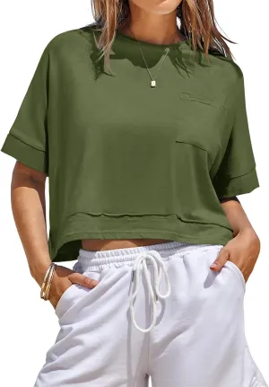 Fisoew Womens Oversized Crop Tops Workout Short Sleeve T Shirts Summer Casual Loose Fit Basic Tee Shirts with Pockets
