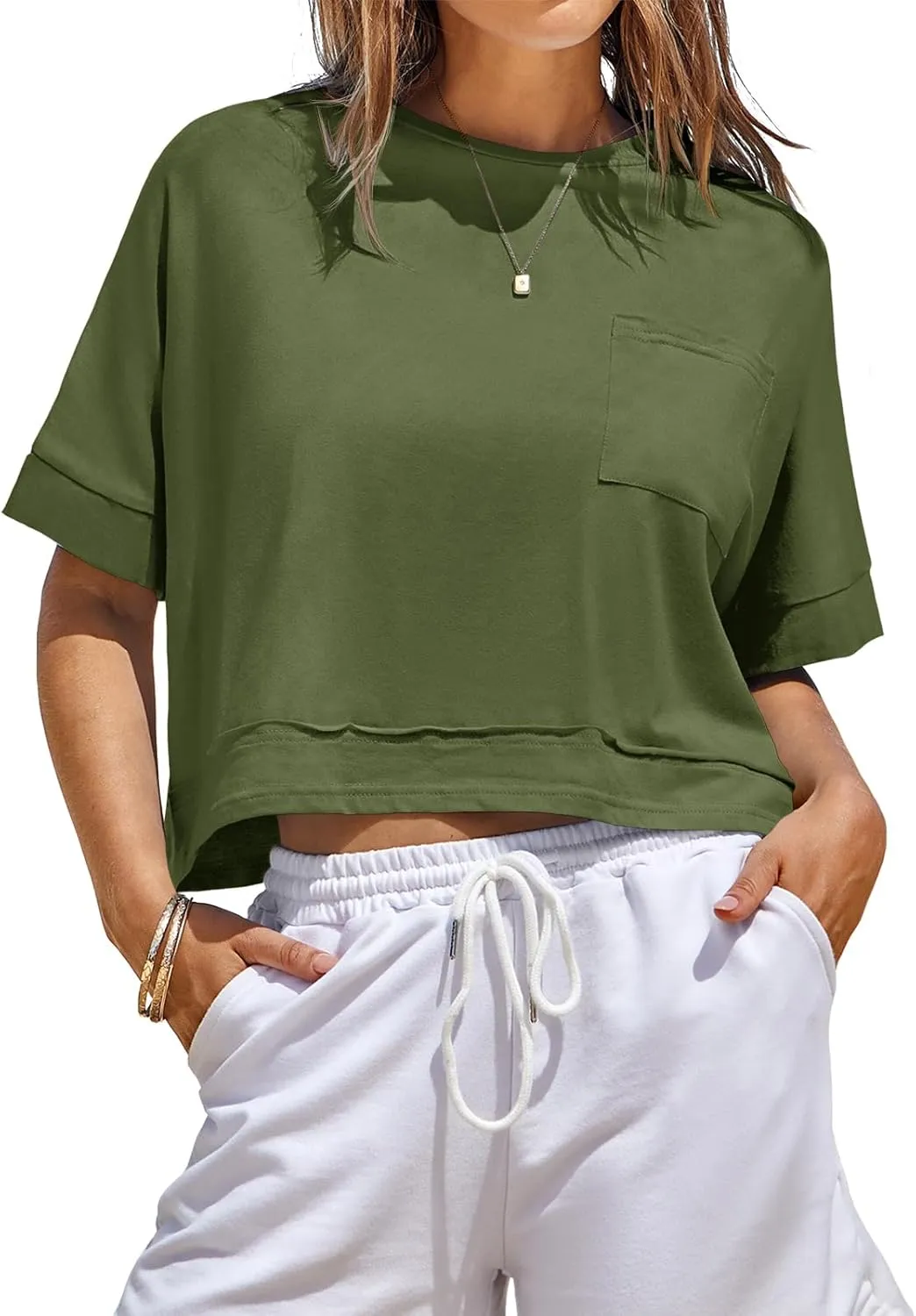 Fisoew Womens Oversized Crop Tops Workout Short Sleeve T Shirts Summer Casual Loose Fit Basic Tee Shirts with Pockets