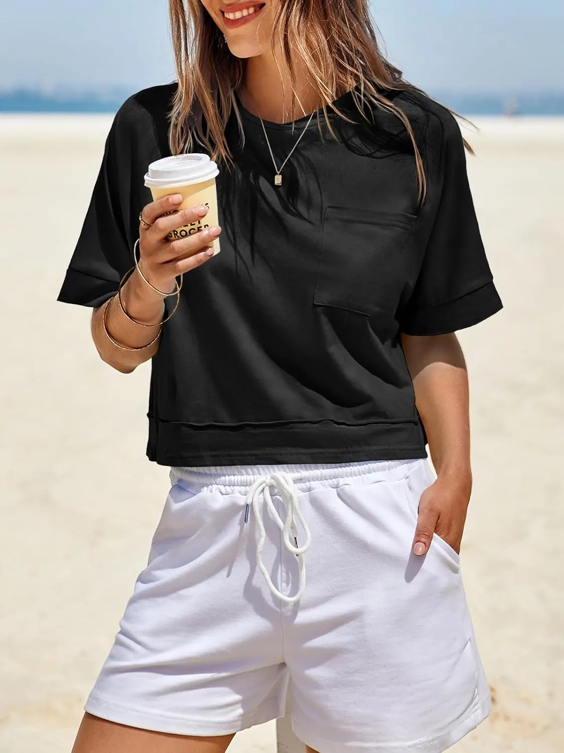 Fisoew Womens Oversized Crop Tops Workout Short Sleeve T Shirts Summer Casual Loose Fit Basic Tee Shirts with Pockets