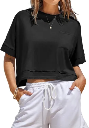 Fisoew Womens Oversized Crop Tops Workout Short Sleeve T Shirts Summer Casual Loose Fit Basic Tee Shirts with Pockets