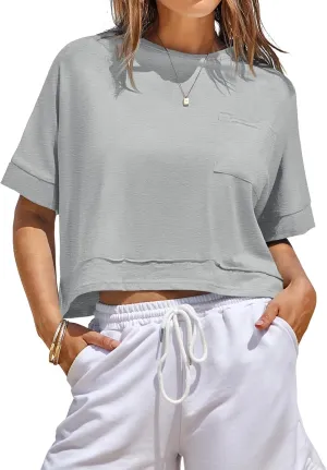 Fisoew Womens Oversized Crop Tops Workout Short Sleeve T Shirts Summer Casual Loose Fit Basic Tee Shirts with Pockets