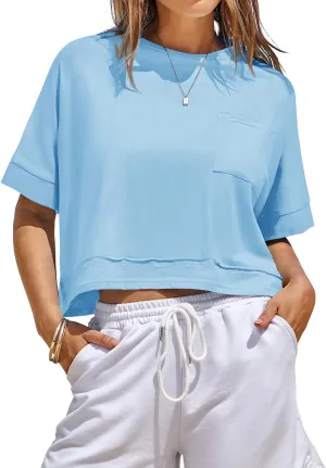 Fisoew Womens Oversized Crop Tops Workout Short Sleeve T Shirts Summer Casual Loose Fit Basic Tee Shirts with Pockets