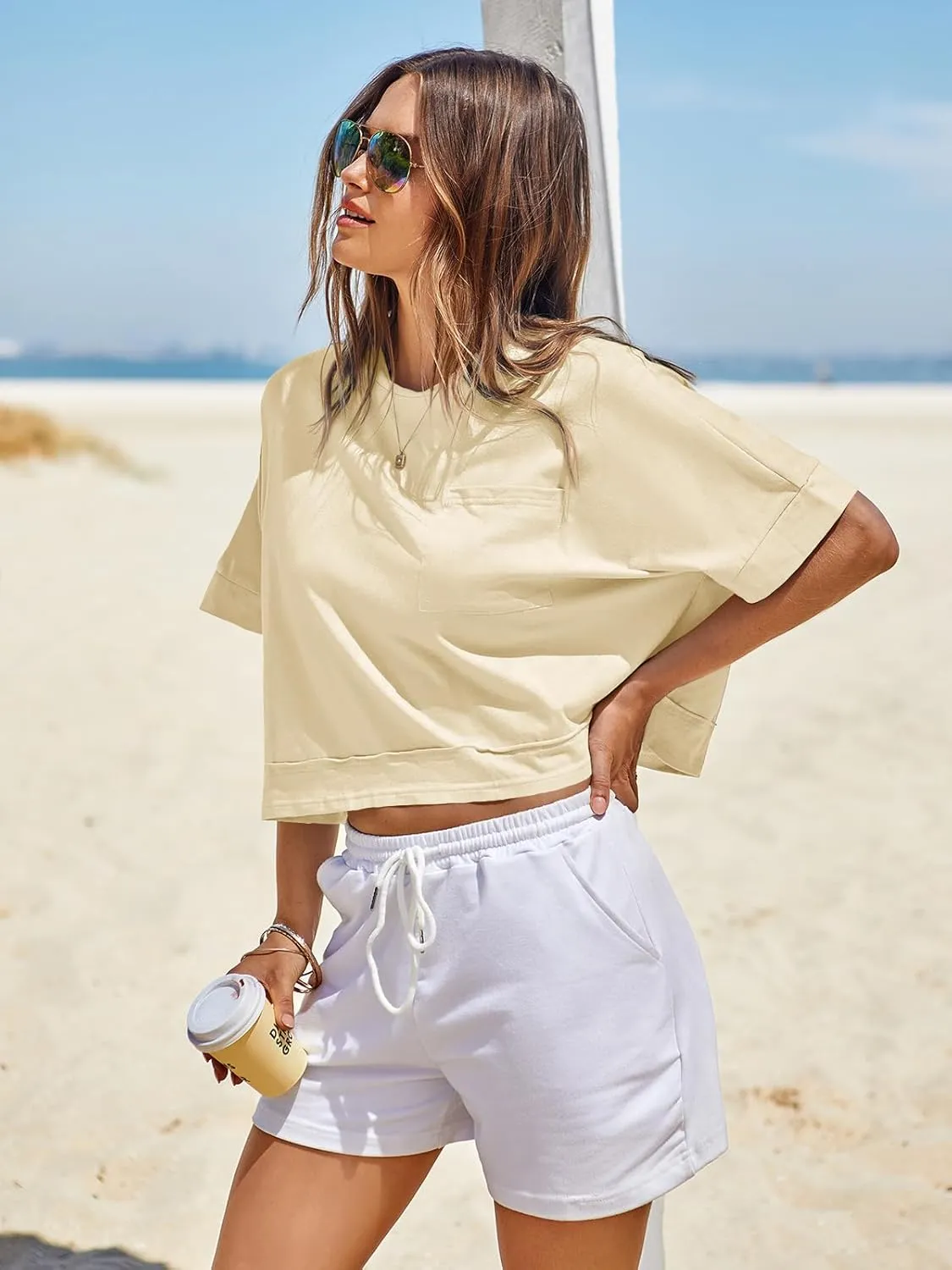Fisoew Womens Oversized Crop Tops Workout Short Sleeve T Shirts Summer Casual Loose Fit Basic Tee Shirts with Pockets