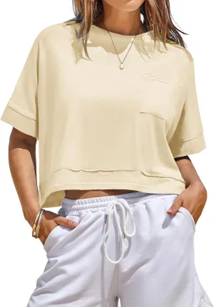 Fisoew Womens Oversized Crop Tops Workout Short Sleeve T Shirts Summer Casual Loose Fit Basic Tee Shirts with Pockets