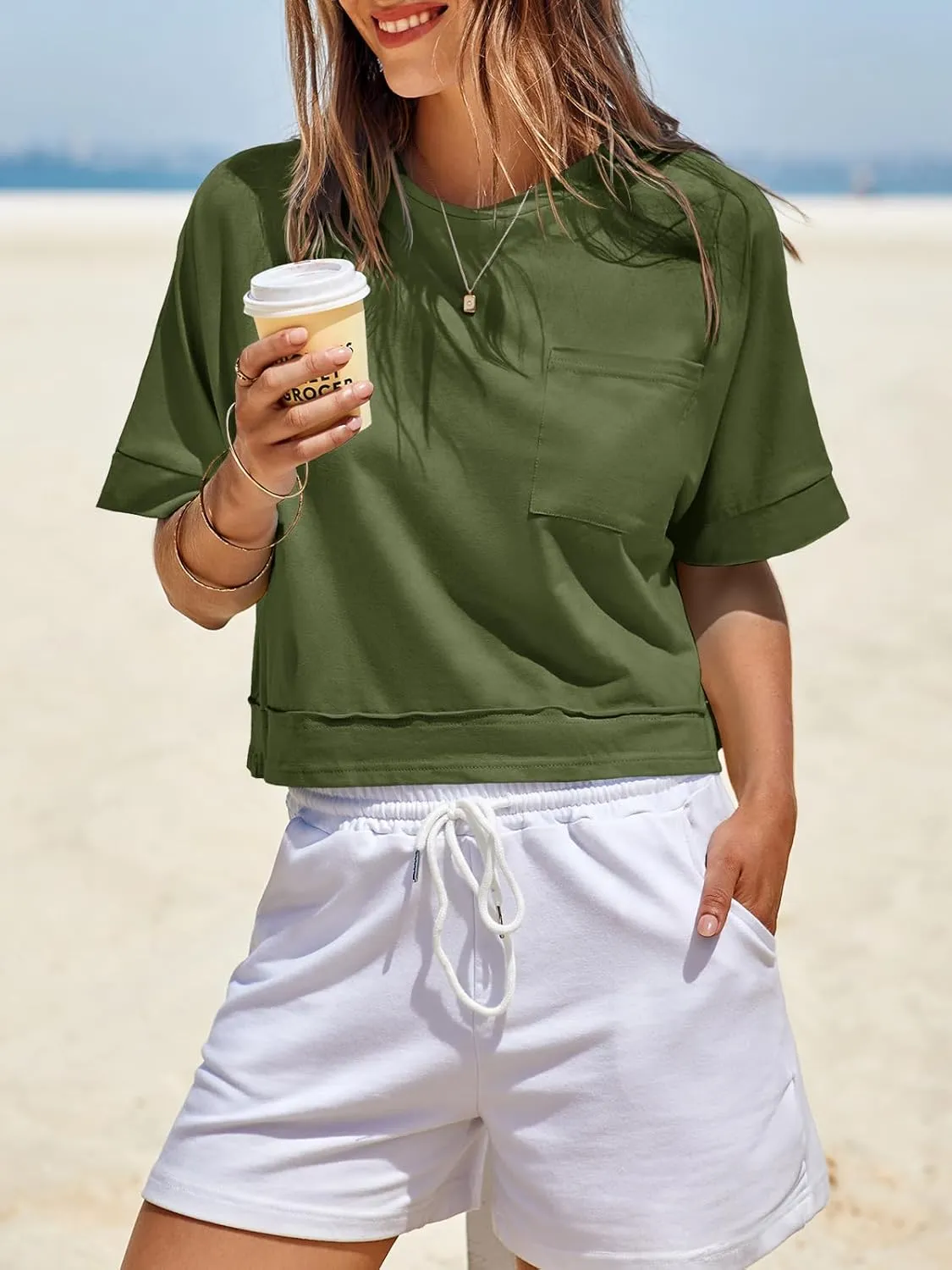 Fisoew Womens Oversized Crop Tops Workout Short Sleeve T Shirts Summer Casual Loose Fit Basic Tee Shirts with Pockets