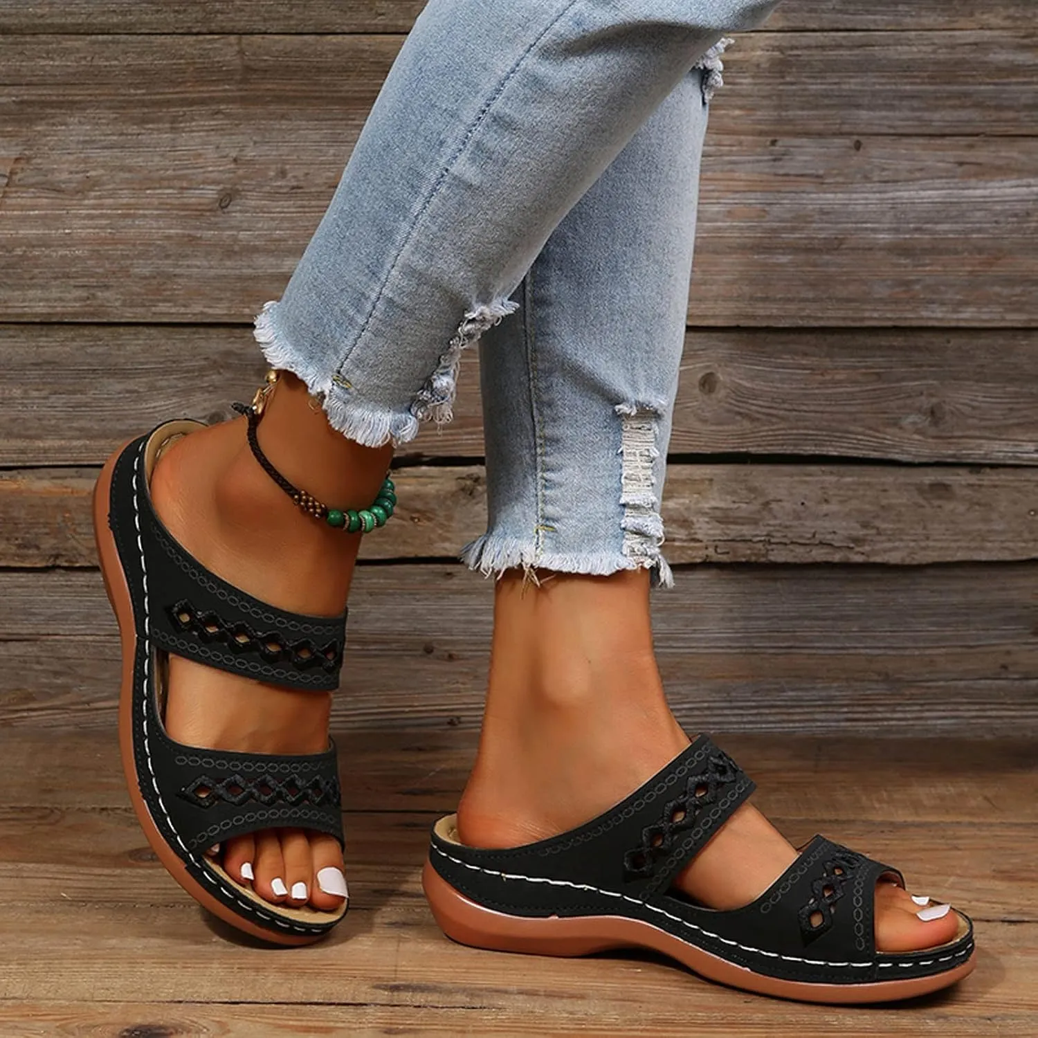 Flats Sandals for Women Orthopedic Bohemian Breathable Open Toe Adjustable 2025 Summer Walking Shoes