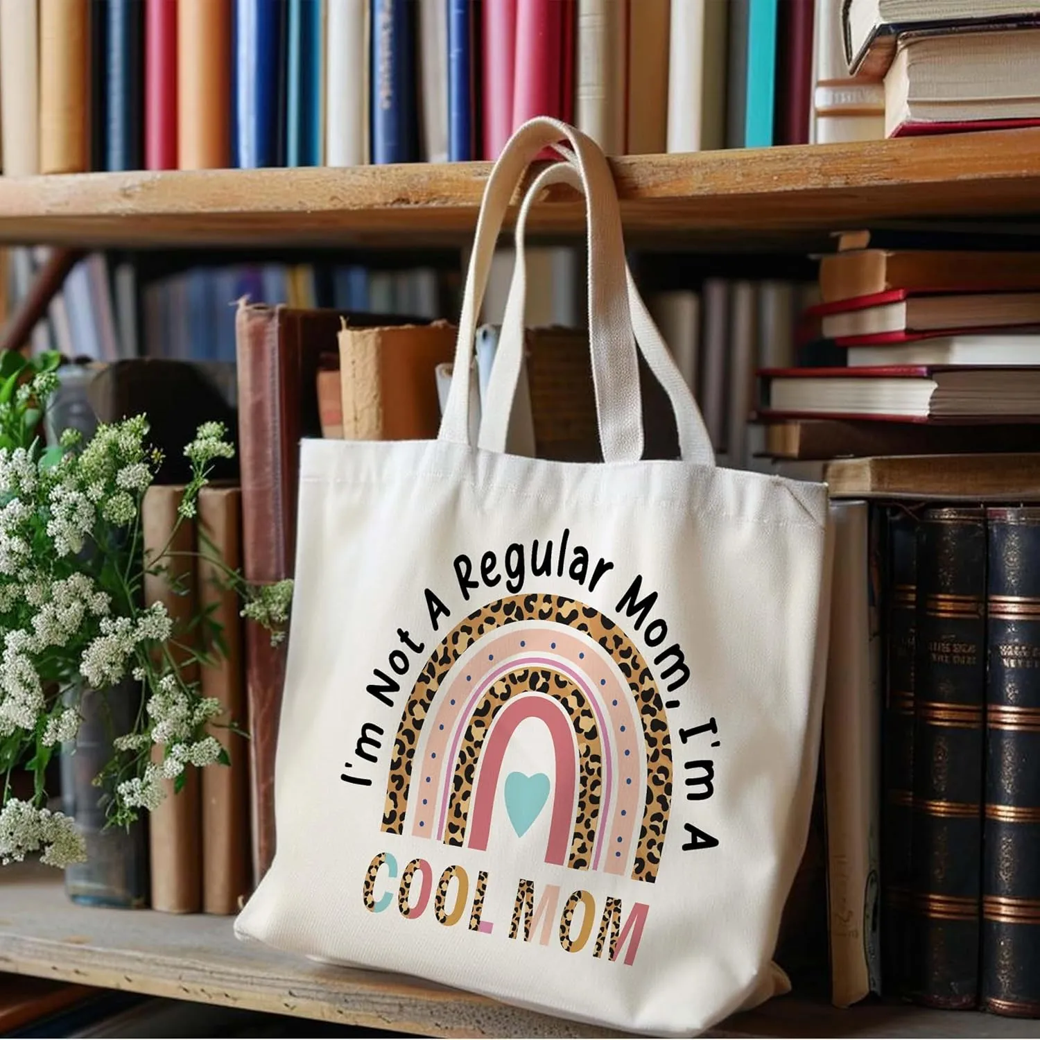 Funny Quotes Gifts for Mom, Rainbow Canvas Tote Bag Aesthetic, Reusable Grocery Shopping Bags