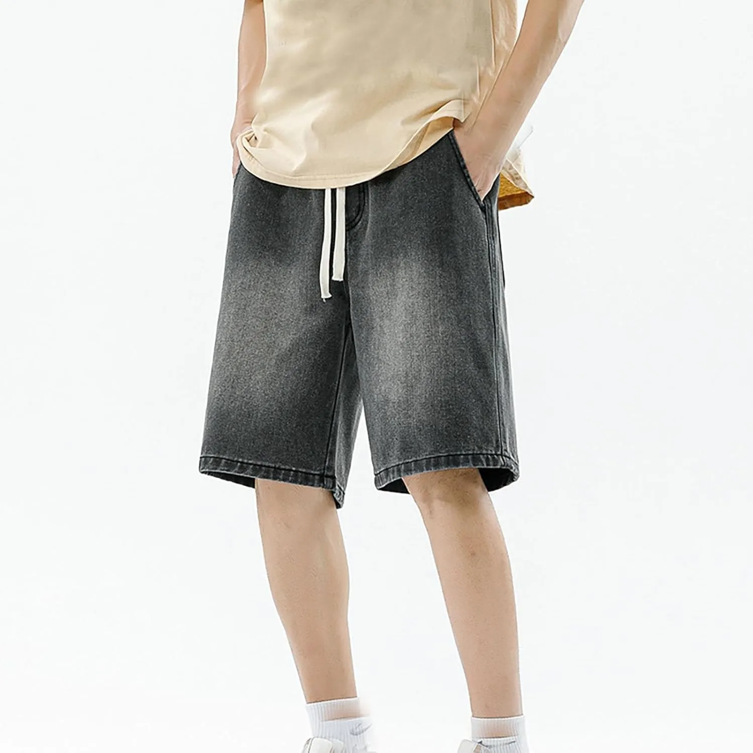 Fxbar Men's Casual Denim Shorts Elastic Waist Drawstring Wide Leg Loose Fit Blue Color Rolled Hem Washed Summer Shorts