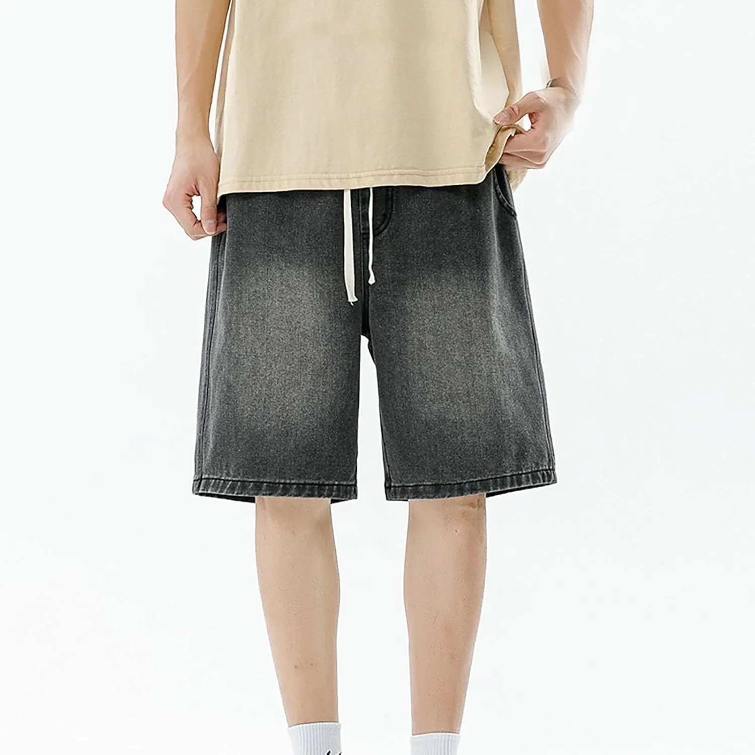Fxbar Men's Casual Denim Shorts Elastic Waist Drawstring Wide Leg Loose Fit Blue Color Rolled Hem Washed Summer Shorts