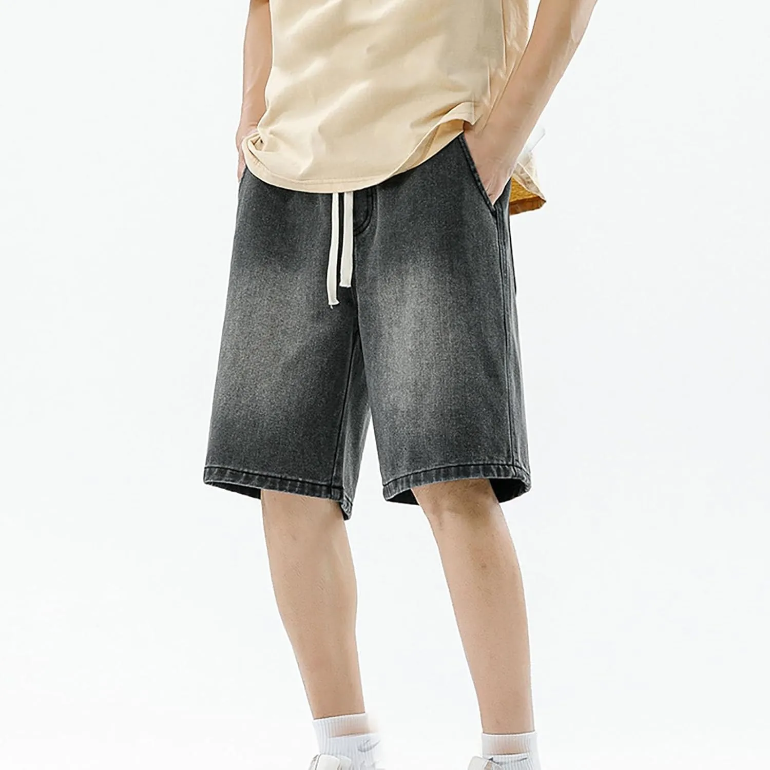 Fxbar Men's Casual Denim Shorts Elastic Waist Drawstring Wide Leg Loose Fit Blue Color Rolled Hem Washed Summer Shorts