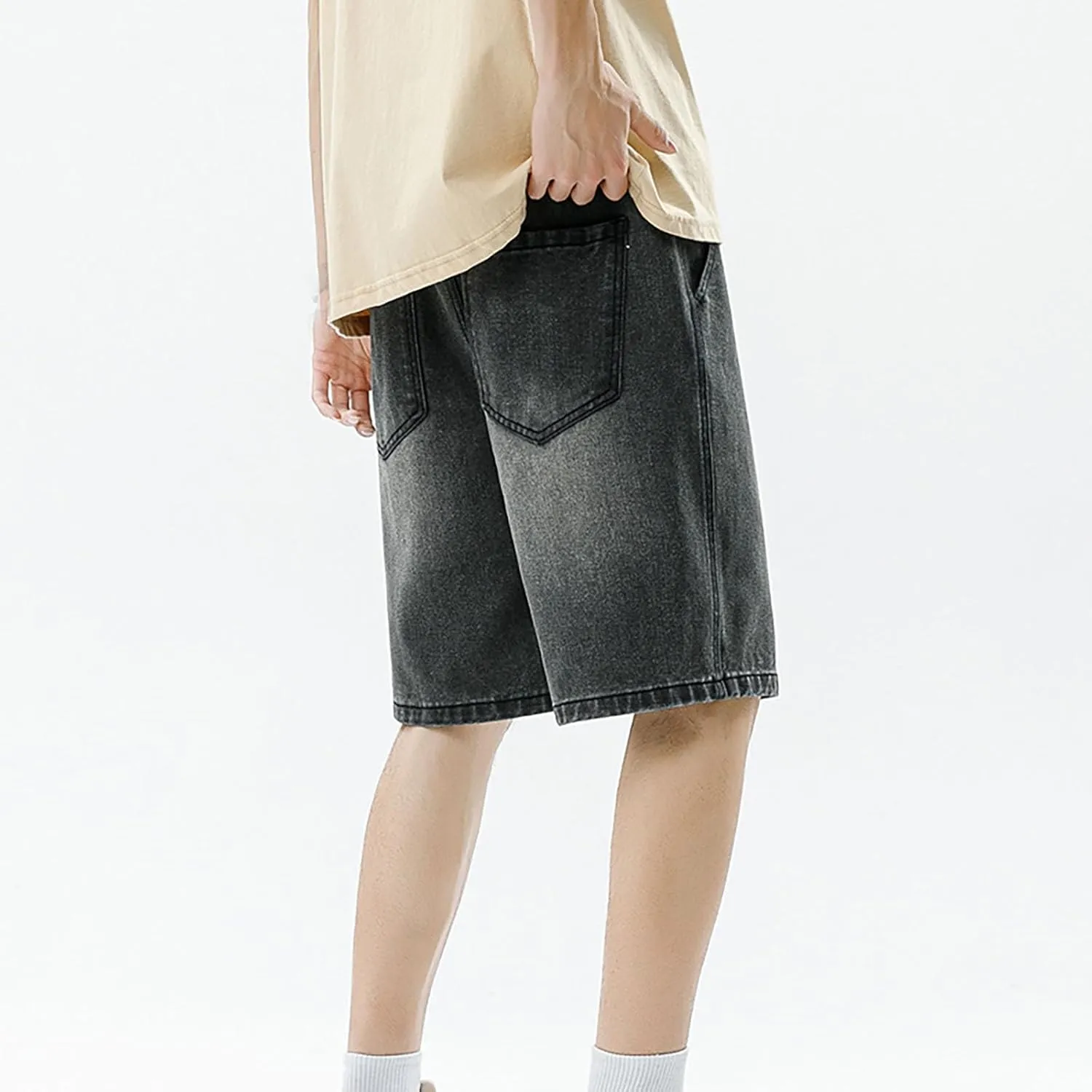 Fxbar Men's Casual Denim Shorts Elastic Waist Drawstring Wide Leg Loose Fit Blue Color Rolled Hem Washed Summer Shorts