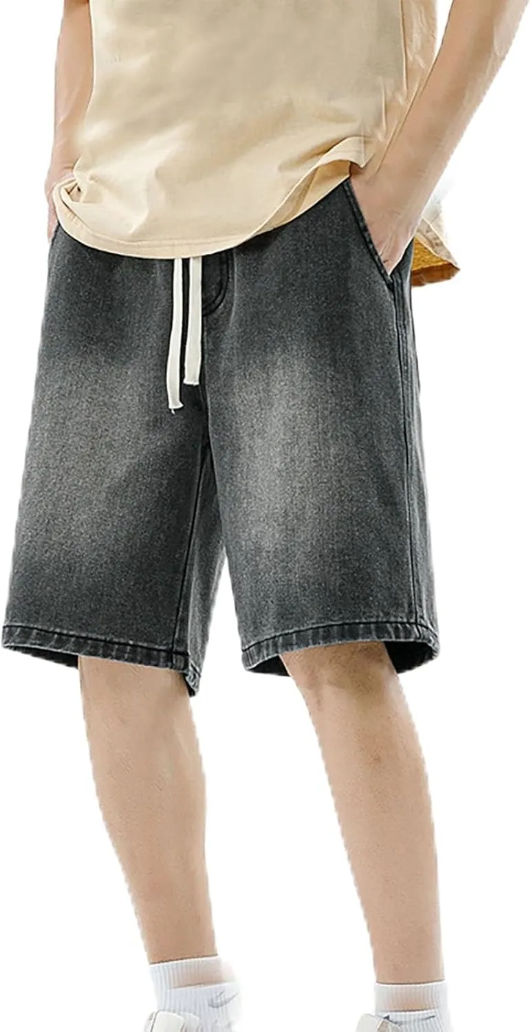 Fxbar Men's Casual Denim Shorts Elastic Waist Drawstring Wide Leg Loose Fit Blue Color Rolled Hem Washed Summer Shorts