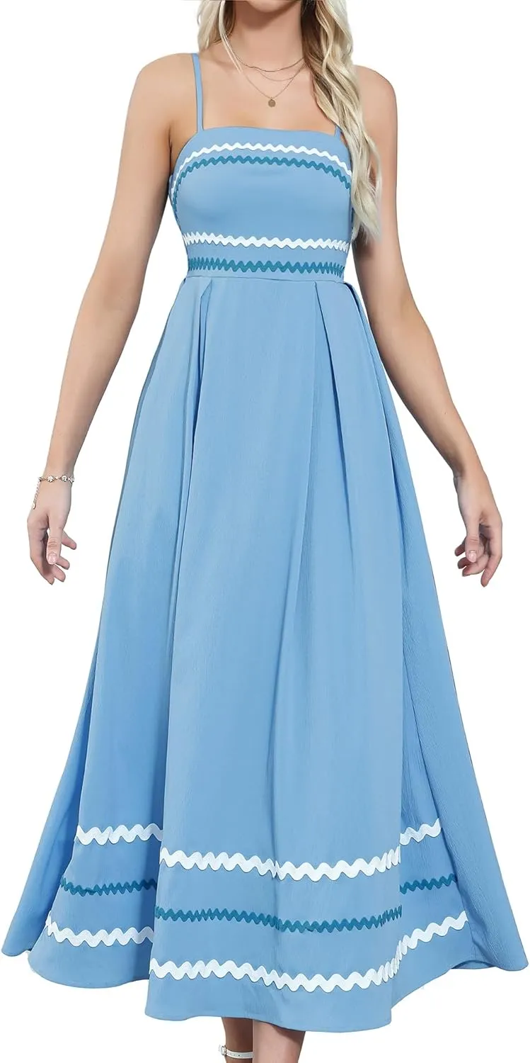 Gardenwed Women's Spaghetti Strap Maxi Dress, Rick Rack Trim Sleeveless A-Line Summer Casual Beach Dress