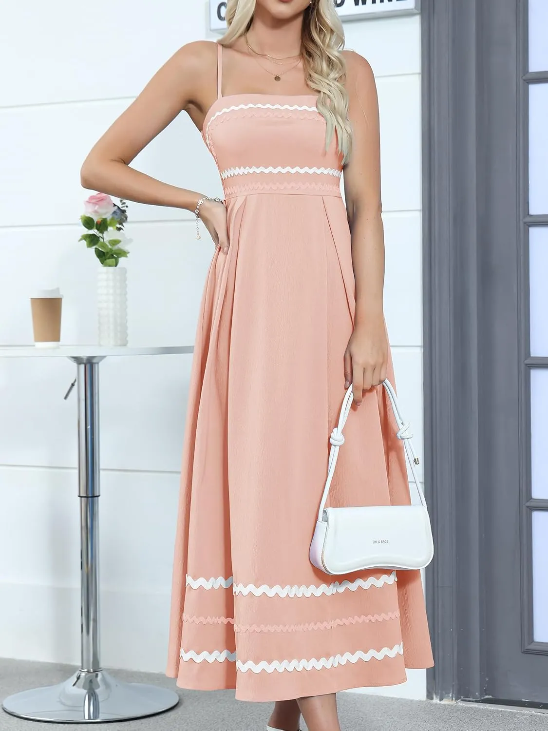 Gardenwed Women's Spaghetti Strap Maxi Dress, Rick Rack Trim Sleeveless A-Line Summer Casual Beach Dress