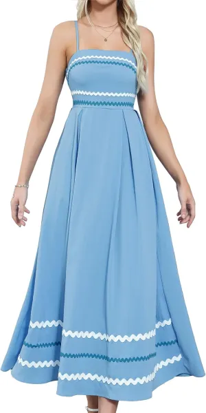 Gardenwed Women's Spaghetti Strap Maxi Dress, Rick Rack Trim Sleeveless A-Line Summer Casual Beach Dress
