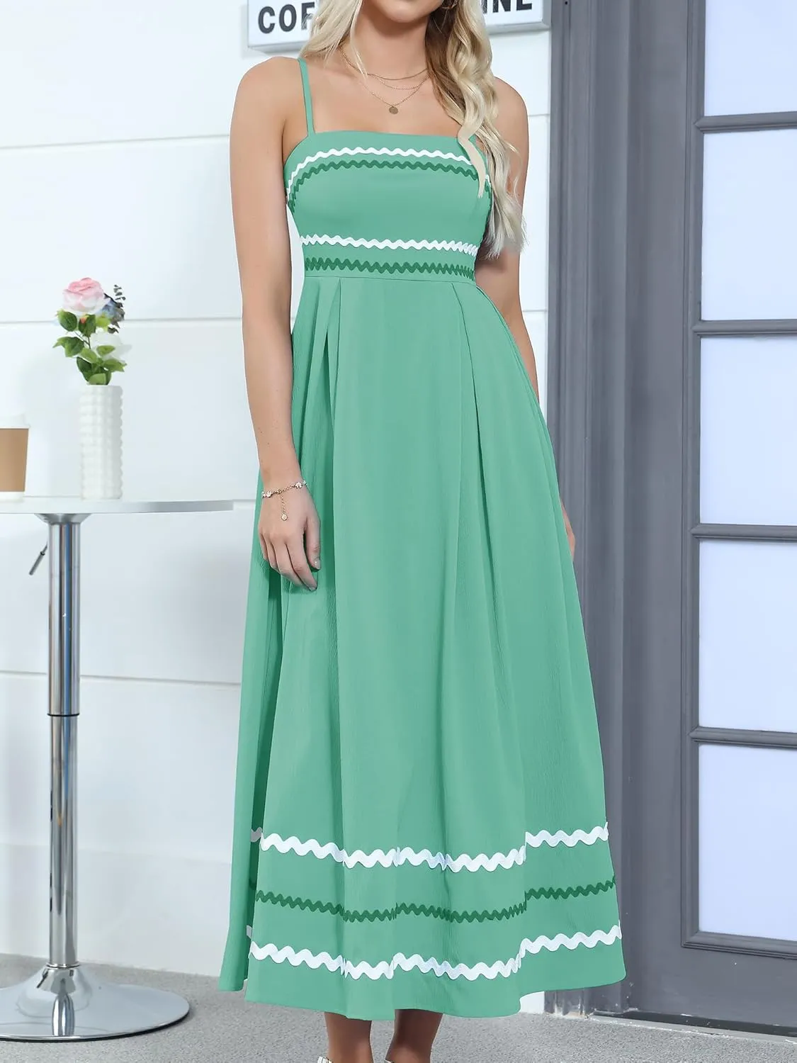 Gardenwed Women's Spaghetti Strap Maxi Dress, Rick Rack Trim Sleeveless A-Line Summer Casual Beach Dress