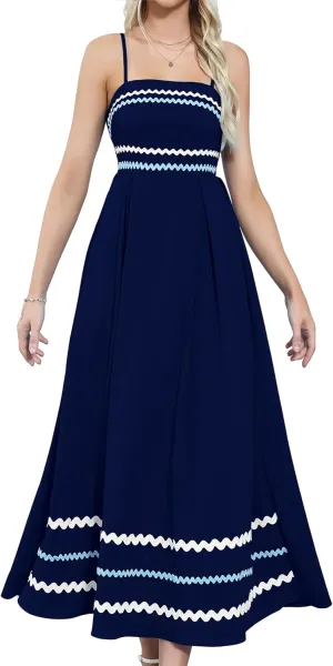 Gardenwed Women's Spaghetti Strap Maxi Dress, Rick Rack Trim Sleeveless A-Line Summer Casual Beach Dress