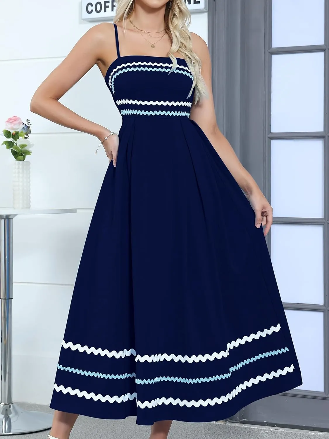 Gardenwed Women's Spaghetti Strap Maxi Dress, Rick Rack Trim Sleeveless A-Line Summer Casual Beach Dress