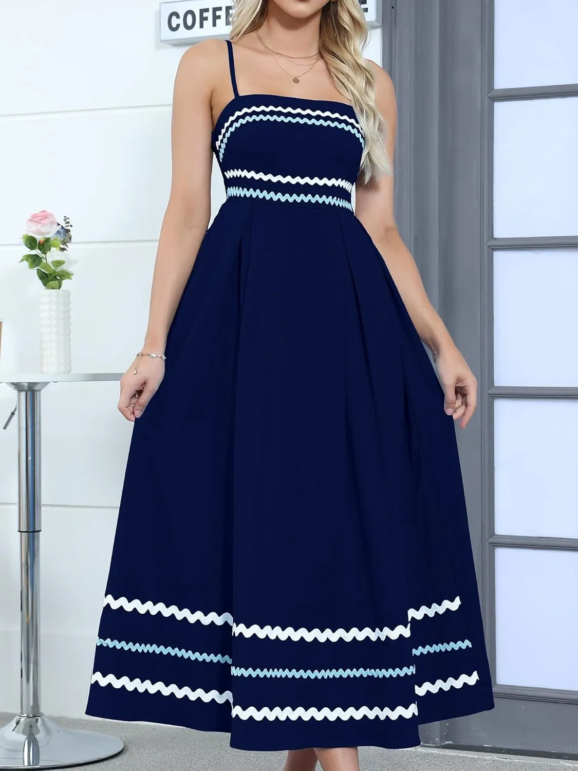 Gardenwed Women's Spaghetti Strap Maxi Dress, Rick Rack Trim Sleeveless A-Line Summer Casual Beach Dress