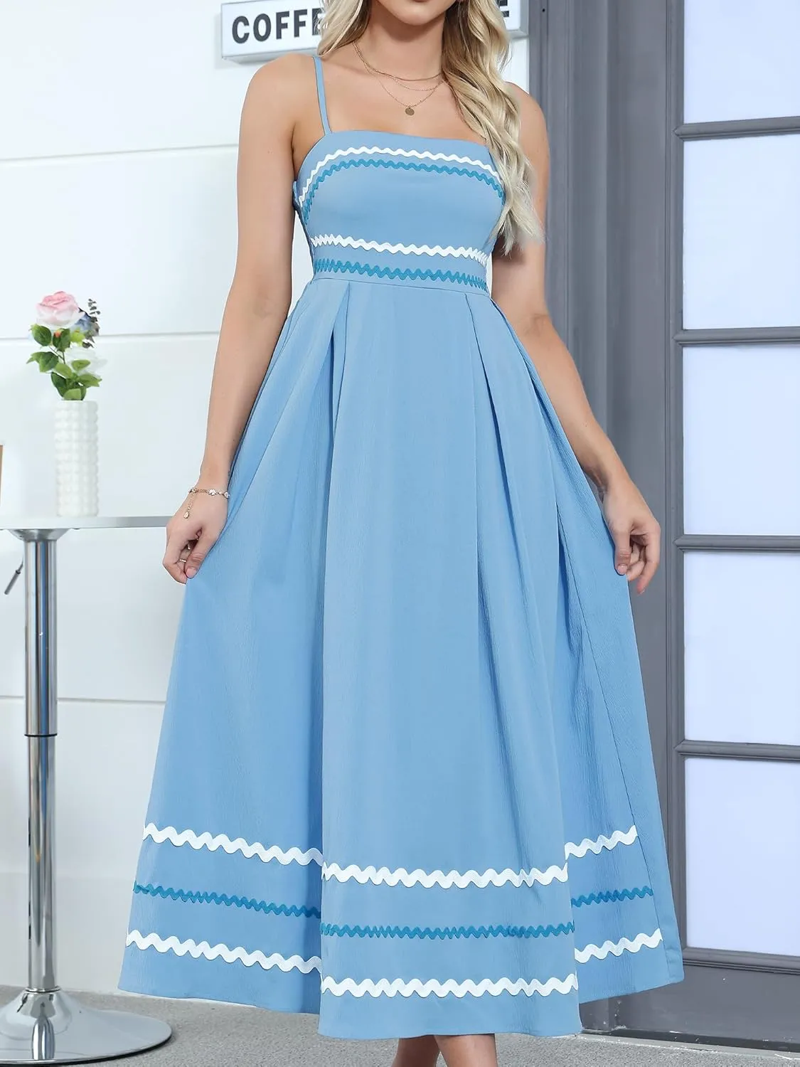 Gardenwed Women's Spaghetti Strap Maxi Dress, Rick Rack Trim Sleeveless A-Line Summer Casual Beach Dress