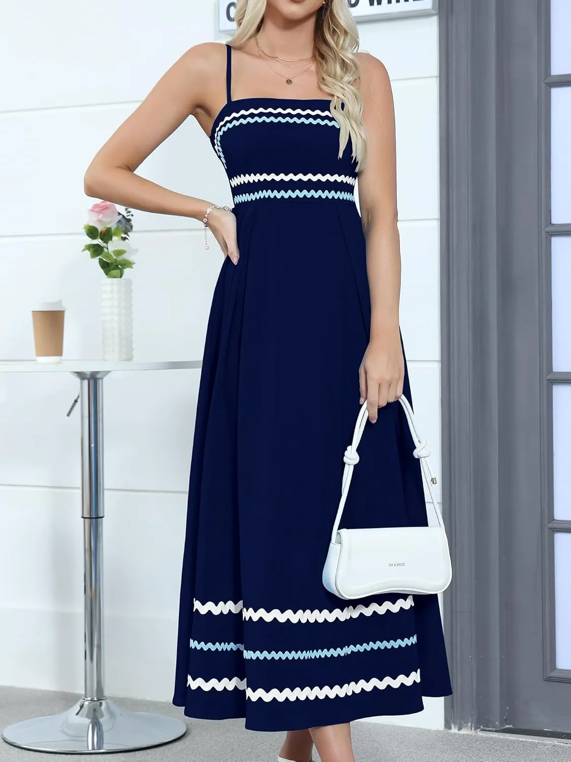 Gardenwed Women's Spaghetti Strap Maxi Dress, Rick Rack Trim Sleeveless A-Line Summer Casual Beach Dress