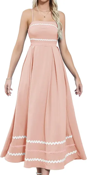 Gardenwed Women's Spaghetti Strap Maxi Dress, Rick Rack Trim Sleeveless A-Line Summer Casual Beach Dress
