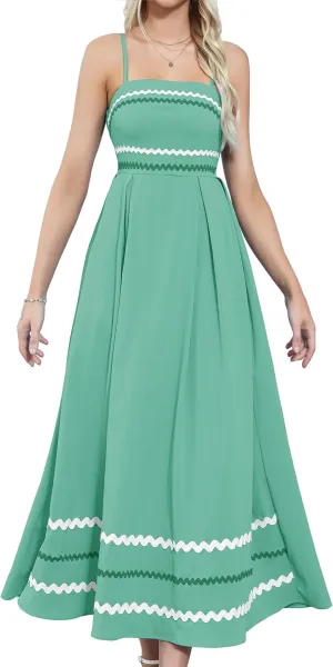 Gardenwed Women's Spaghetti Strap Maxi Dress, Rick Rack Trim Sleeveless A-Line Summer Casual Beach Dress