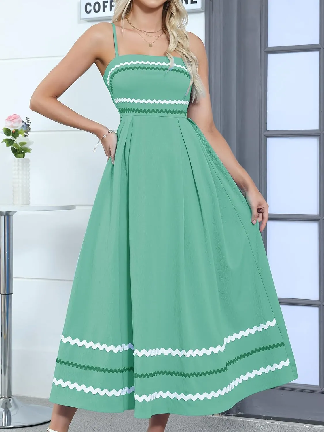 Gardenwed Women's Spaghetti Strap Maxi Dress, Rick Rack Trim Sleeveless A-Line Summer Casual Beach Dress