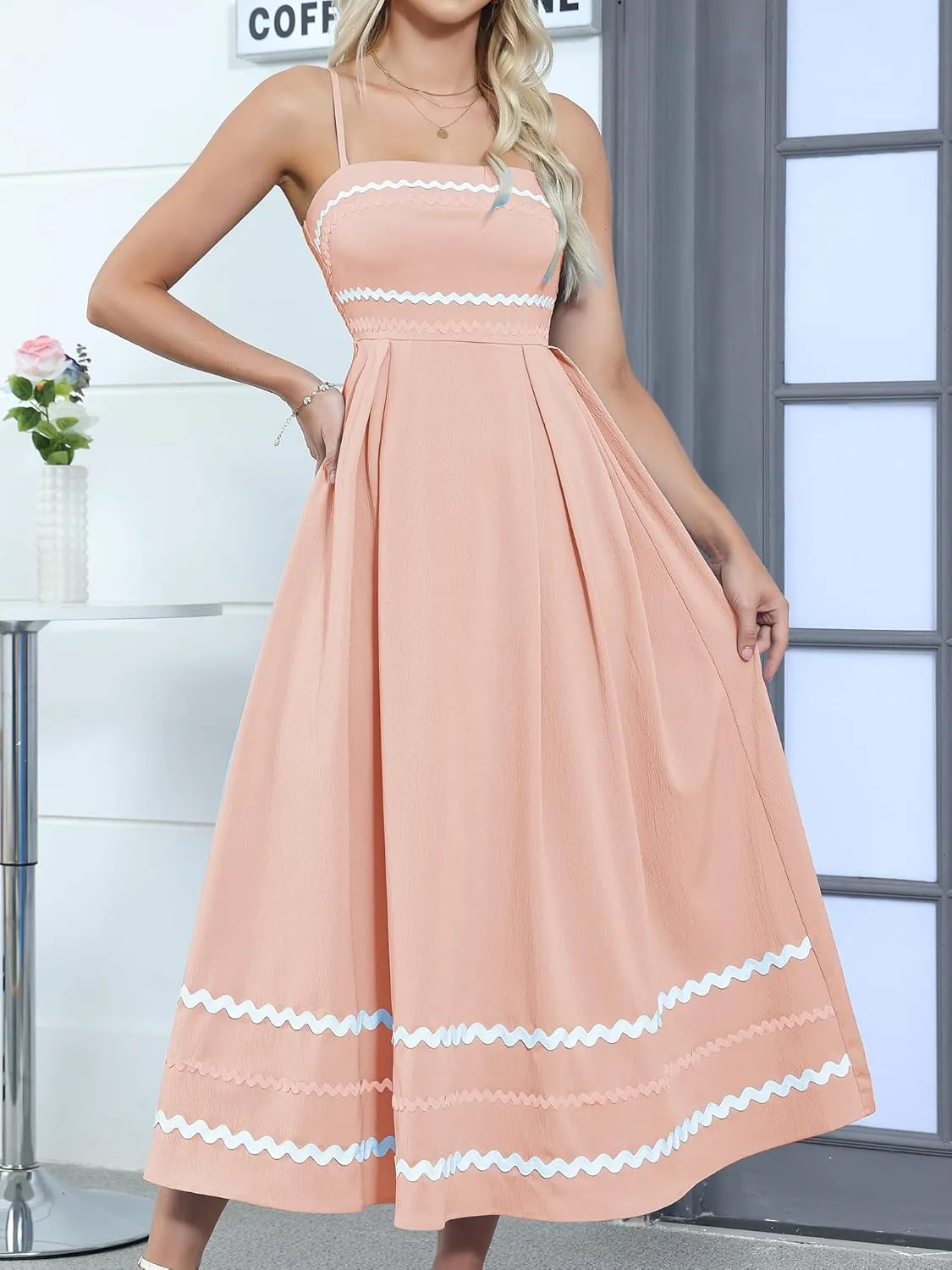 Gardenwed Women's Spaghetti Strap Maxi Dress, Rick Rack Trim Sleeveless A-Line Summer Casual Beach Dress
